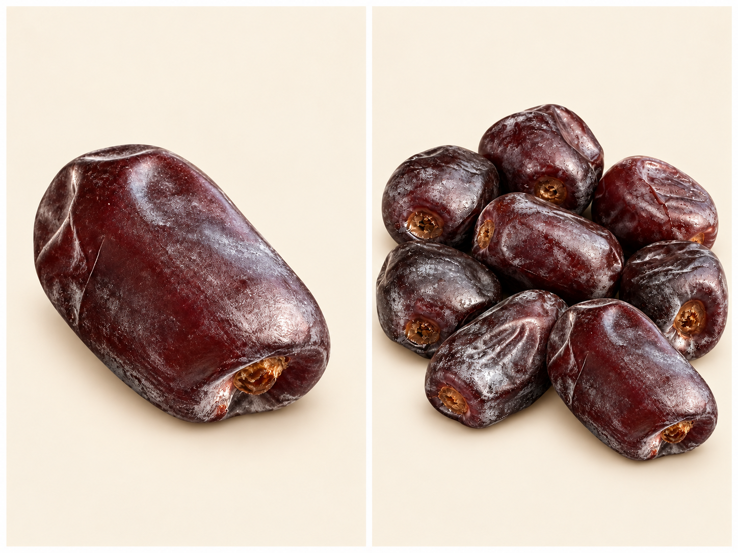 Close-up and selection of Mazafati dates on a light background