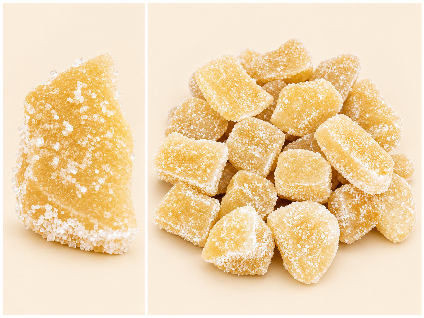 Single crystallised ginger chunk beside a selection of Thai ginger chunks