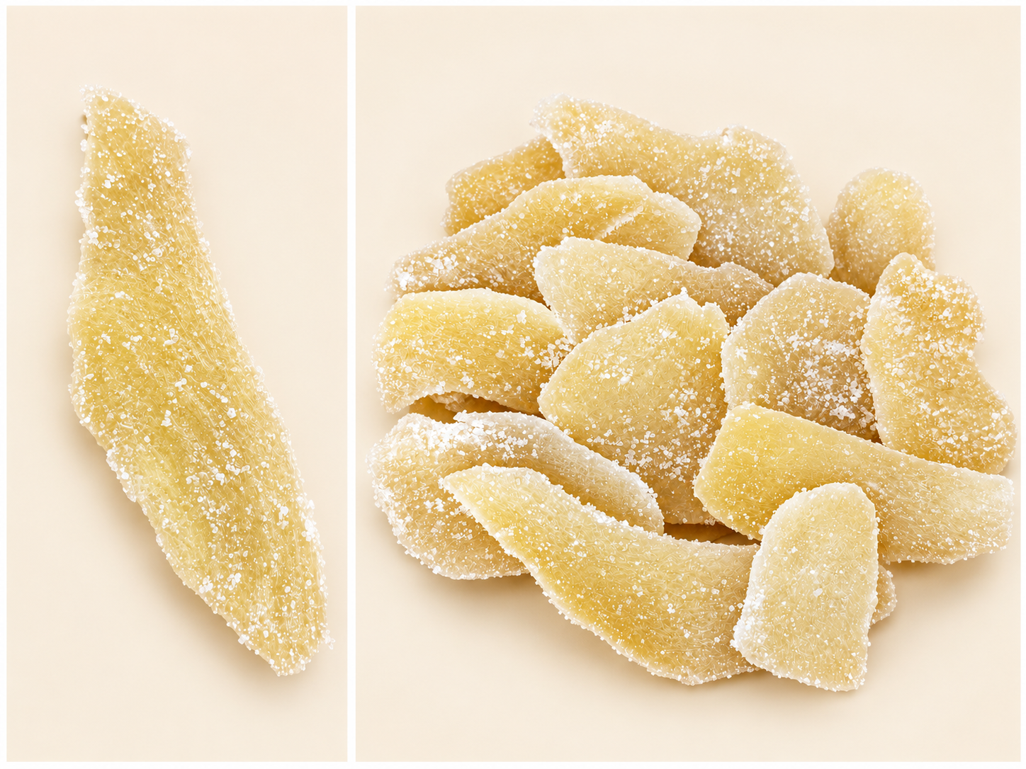 Single crystallised ginger slice beside a selection of Thai ginger slices