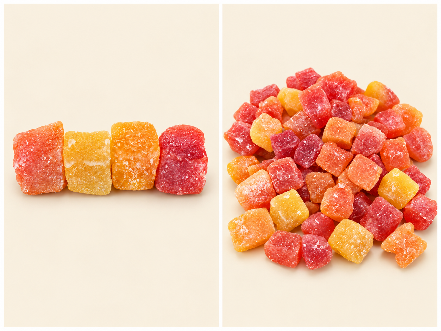 Four papaya dice beside a selection of Thai diced papaya on a light background