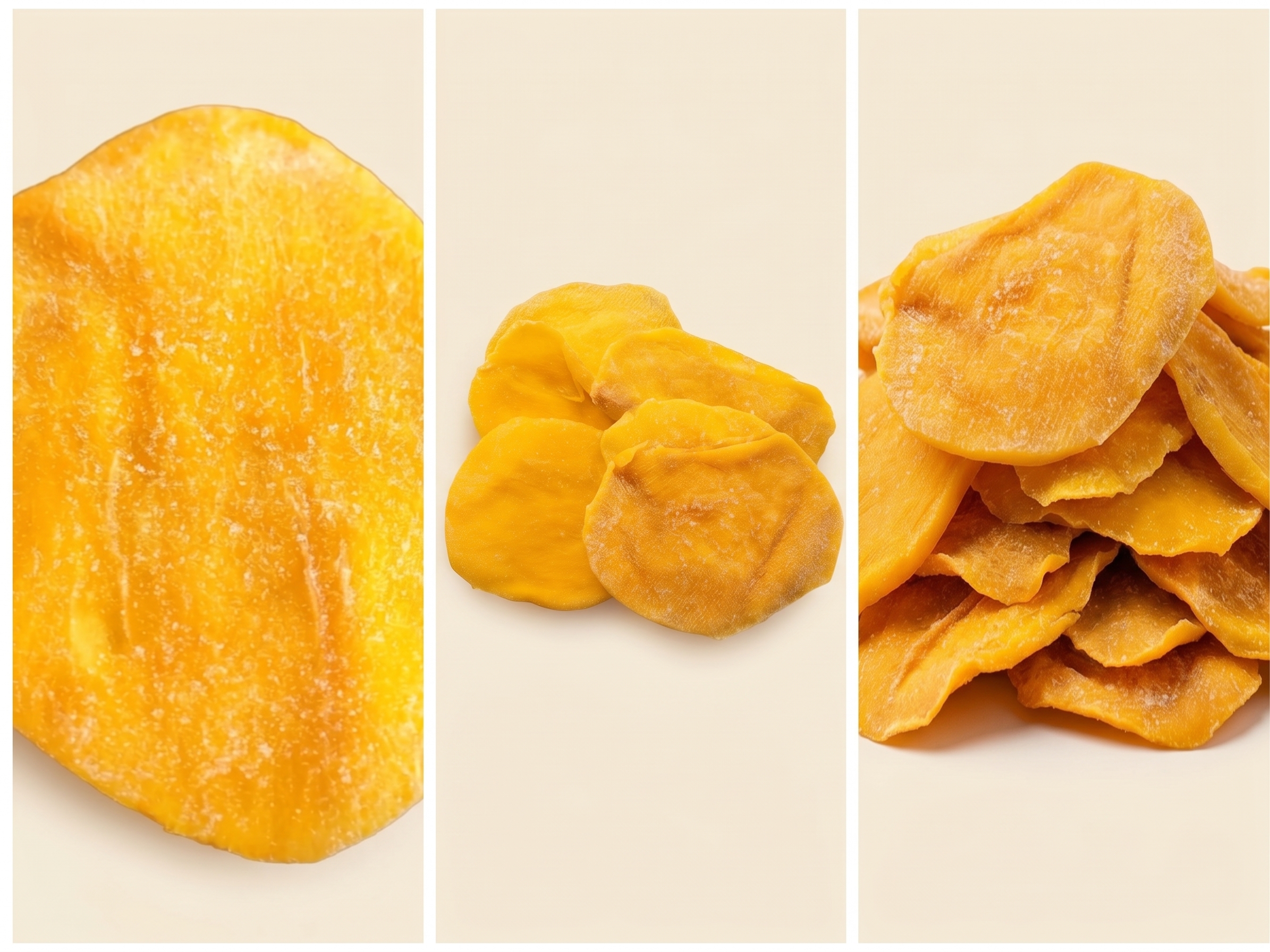 Close-up and selection of Thai soft dried mango slices on a light background