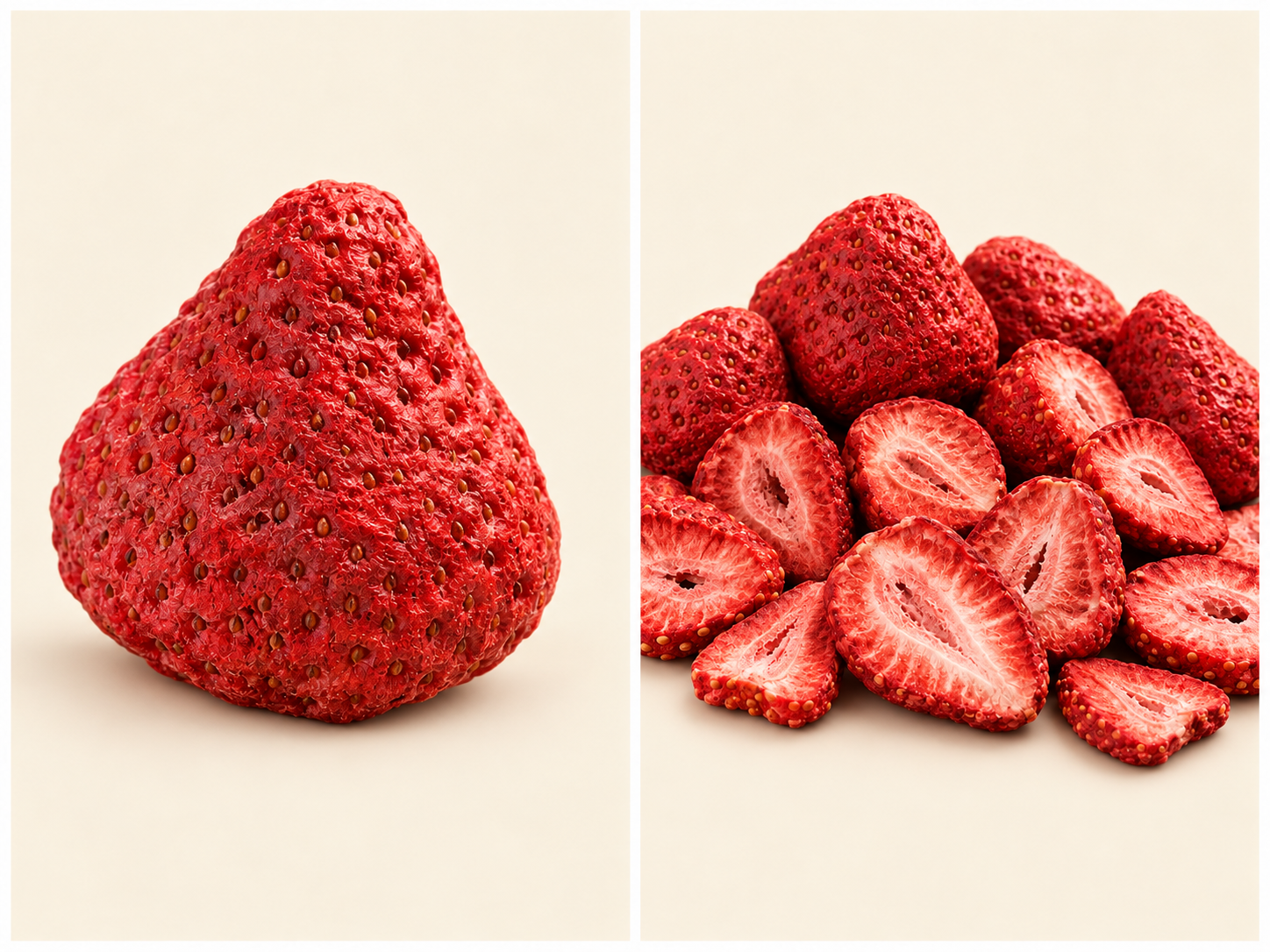 Whole and sliced freeze-dried strawberries on a light background