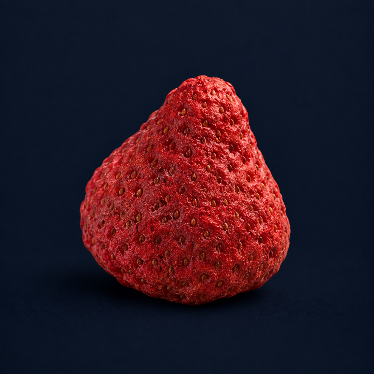 Whole freeze-dried strawberry on a dark navy background