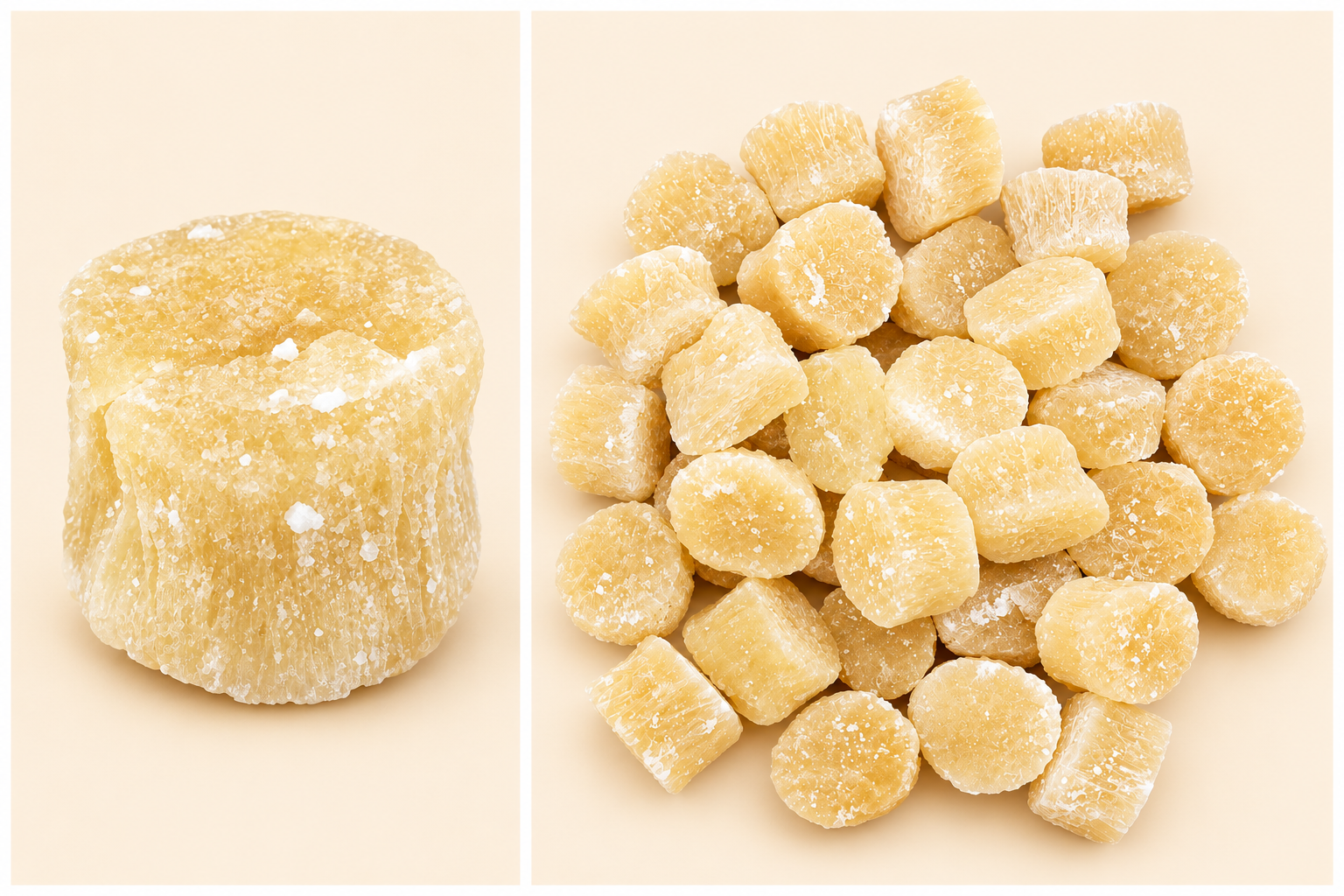 Single pineapple core chunk and a selection of chunks on a light background