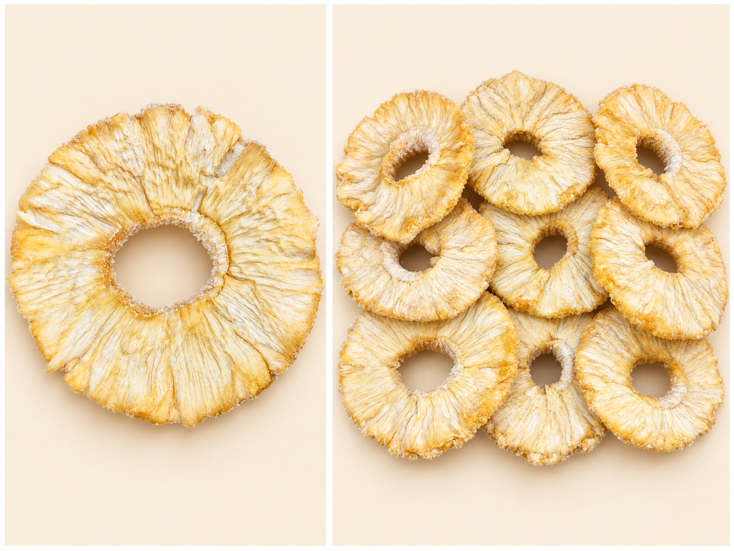 Single dried pineapple ring and a selection of rings on a light background